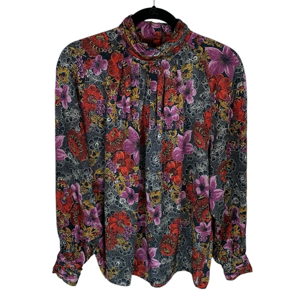 Women's Vintage Tess Dark Floral Long Sleeve High Neck Blouse Size 14 Pleated